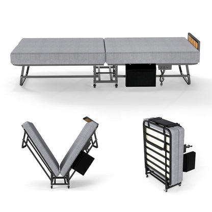 78"×31" Folding Bed with Headboard & USB Charging Station, 3" Memory Foam Rollaway Bed with Storage Pocket, Heavy-Duty Portable Guest Bed on Wheels, Ideal for Guests, Office Naps & Camping