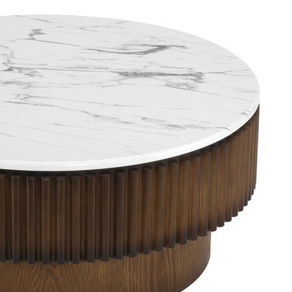 31.49'' Round Coffee Table with Storage, Modern Small Coffee Table with White Marble-Pattern Top & Solid Wood Fluted Base, Center Table for Living Room, Apartment, Office