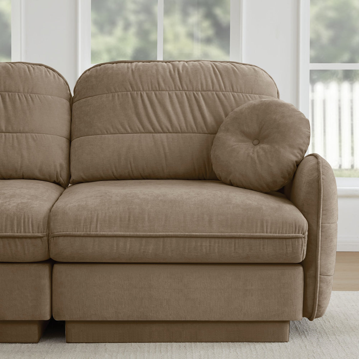 105'Chenille Cloud 3-Seater Sofa,Exquisite round pillows and quilted back cushions,Recessed Base Frame Legs,Ergonomic Design Bottom,Easy Assembly,Deep Seat Sofa Couch For Living Room,Light coffee