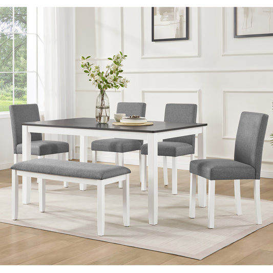 6-Piece Dining Table Set with Bench and Chairs, Dining Table Set for 6 with Bench, Wooden Dining Table Set, Grey & White Two Tone