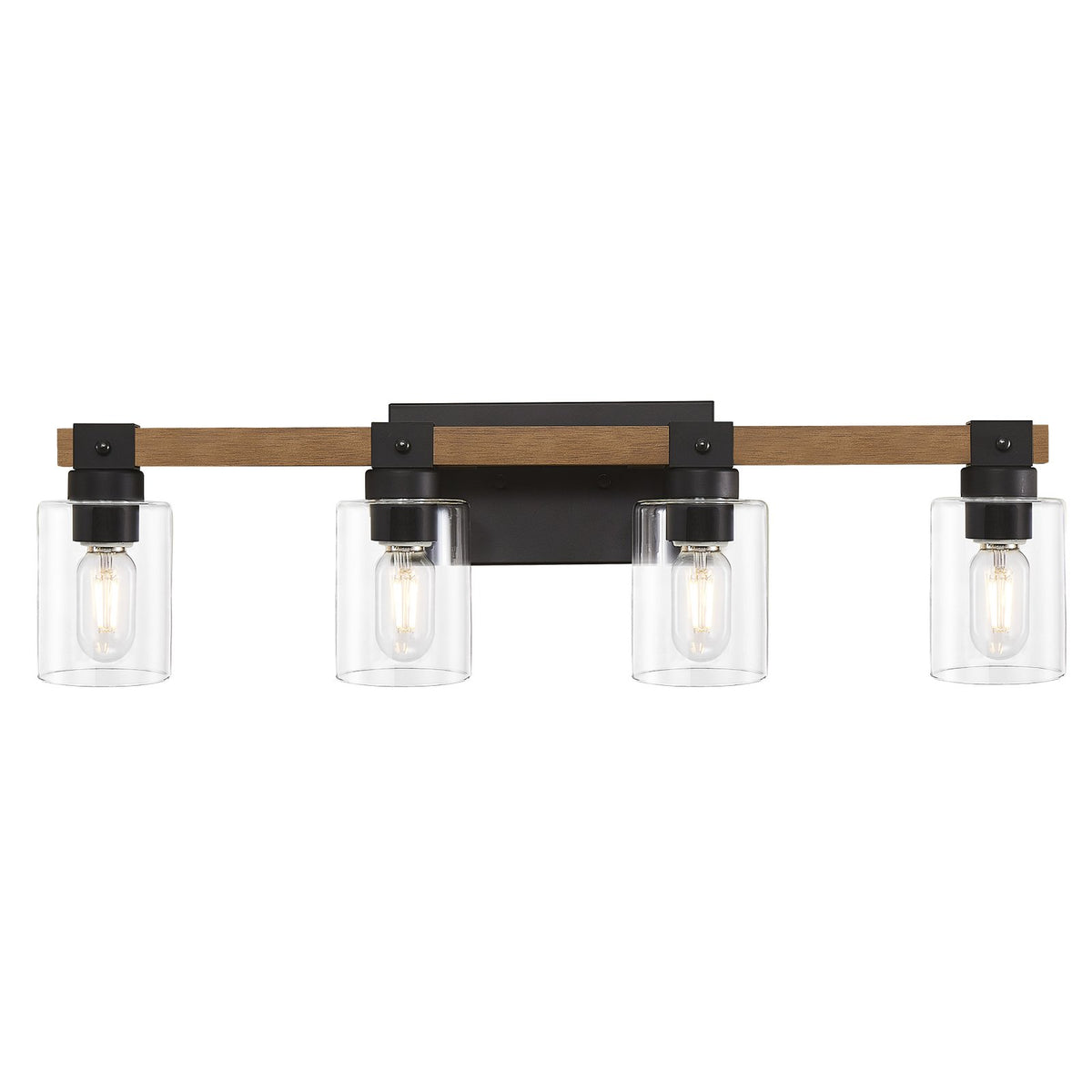 4-Light Farmhouse Vanity Light, Antique Wood Bathroom Wall Light with Clear Glass Shades, Mirror Lighting for Bedroom & Hallway, No Bulbs Included