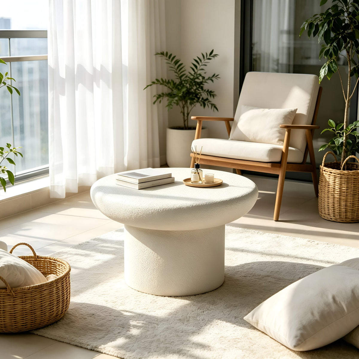 31.50''×31.50''×17.72'' Modern Side Table, Cream Textured Round Mushroom Fiberglass Accent Table for Living Room & Office, No Assembly Required.