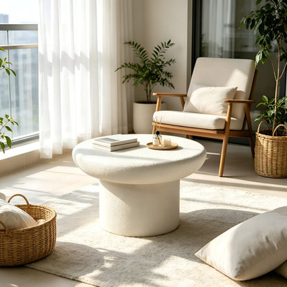 31.50''×31.50''×17.72'' Modern Side Table, Cream Textured Round Mushroom Fiberglass Accent Table for Living Room & Office, No Assembly Required.