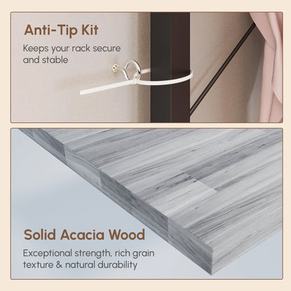 Acacia Wood Garment Racks with Shelves 2 Wicker Drawers and 4 Hooks Heavy Duty Closet Organizer for Hanging Clothes, Freestanding Closet Wardrobe Rack, Light Gray