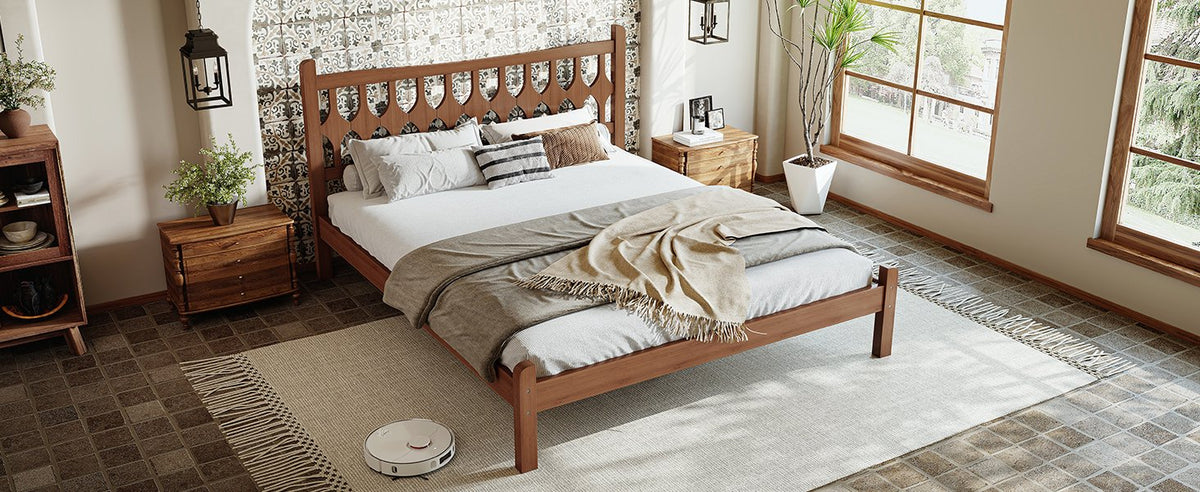 Queen Size Bamboo Platform Bed with Diamond-shaped headboard, Solid Bamboo-made Bed Frame with Support Slats, for Bedroom, Guest Rooms, Brown