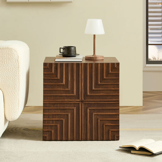 20.47'' Wooden Side Cabinet with Geometric Embossed Relief Nightstand with 2 Drawers, Suitable for Bedrooms and Living Rooms BROWN