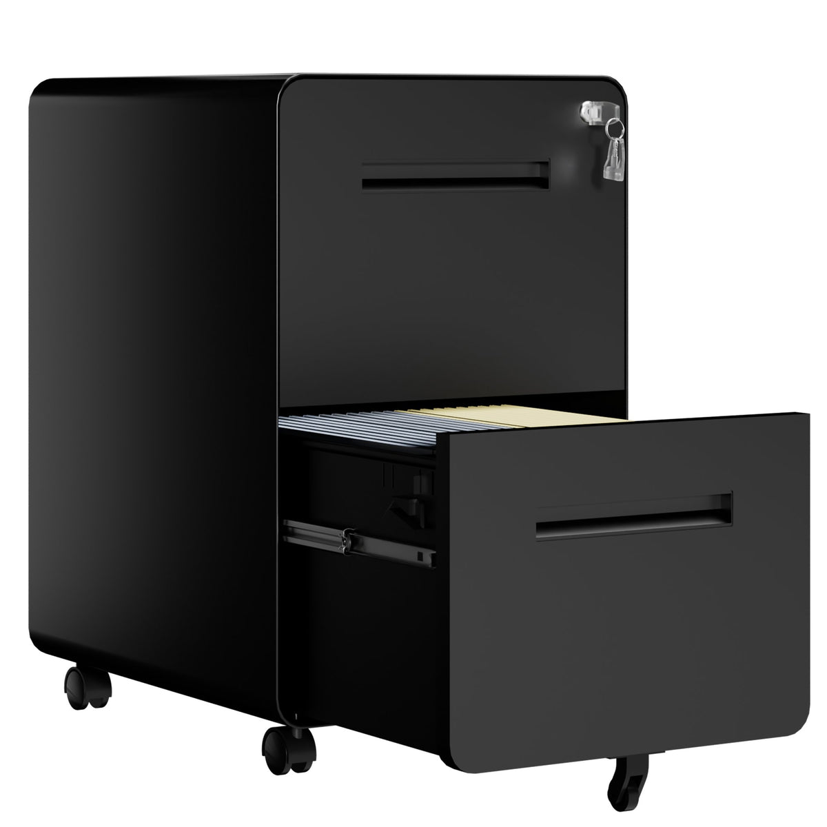 2 Drawer Metal Mobile File Cabinet with Lock, All-Steel Metal Storage Cabinet on 360° Wheels, Fully Assembled, Holds A4/Letter/Legal Files, Black Steel Office Storage Cabinet for Home Office