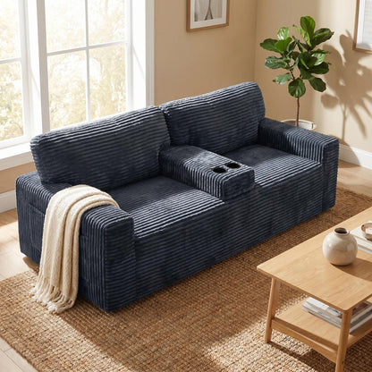 91.7" No-Leg Compression Sofa, Plush Corduroy  with Built-in Cup Holders and Side Storage Pocket for Living Room