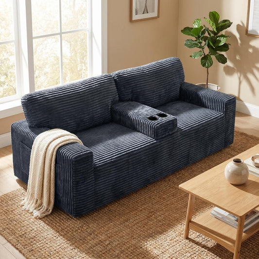 91.7" No-Leg Compression Sofa, Plush Corduroy  with Built-in Cup Holders and Side Storage Pocket for Living Room