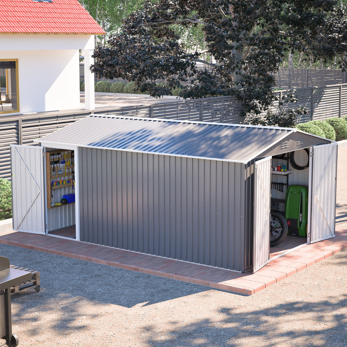 10x14 FT Outdoor Metal Storage Shed, Large Garden Shed Tool Shed with 3 Lockable Doors & Side Door