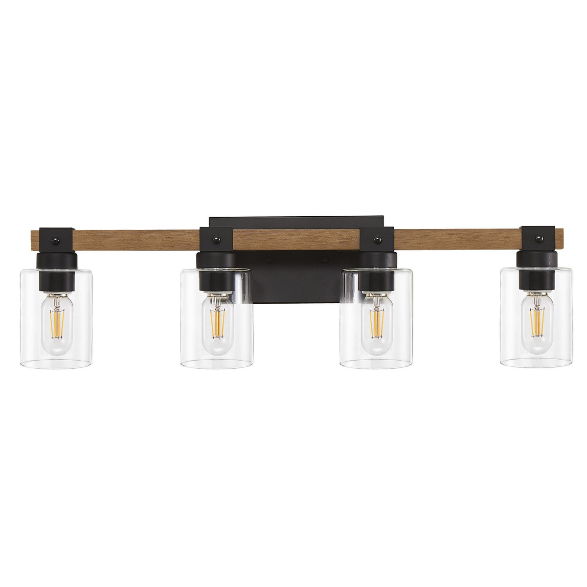 4-Light Farmhouse Vanity Light, Antique Wood Bathroom Wall Light with Clear Glass Shades, Mirror Lighting for Bedroom & Hallway, No Bulbs Included