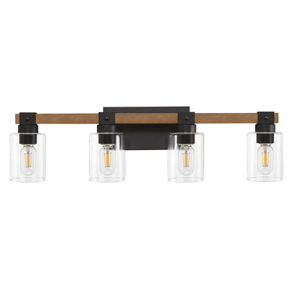 4-Light Farmhouse Vanity Light, Antique Wood Bathroom Wall Light with Clear Glass Shades, Mirror Lighting for Bedroom & Hallway, No Bulbs Included