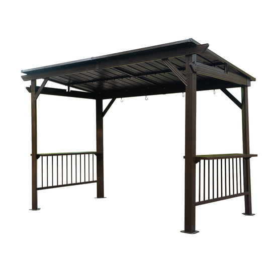 6.5x12FT Hardtop Grill Gazebo, Outdoor BBQ Gazebo with 2 Side Shelves and Sloping Galvanized Steel Roof – Brown