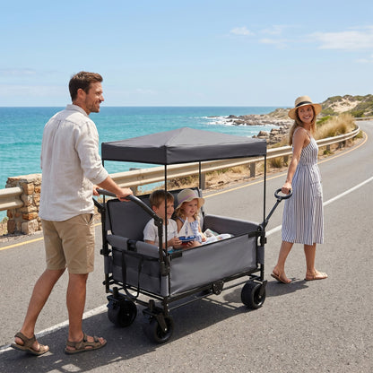3-in-1 Folding Wagon Cart with Bench Seat & Canopy & Storage, 500lbs Heavy-Duty, 180L Capacity, All-Terrain Wagon for Camping, Beach, Sports, & Garden, Gray