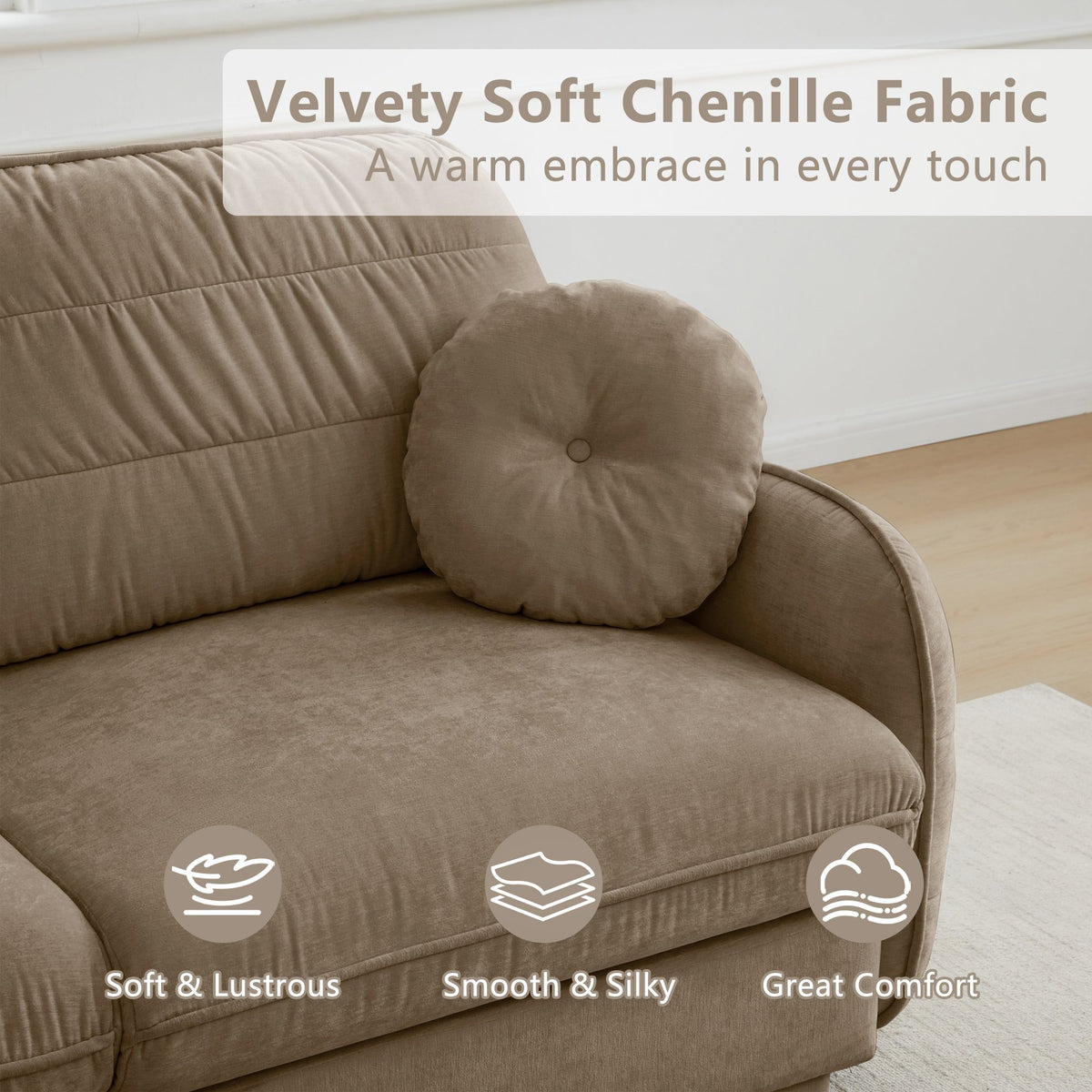 105'Chenille Cloud 3-Seater Sofa,Exquisite round pillows and quilted back cushions,Recessed Base Frame Legs,Ergonomic Design Bottom,Easy Assembly,Deep Seat Sofa Couch For Living Room,Light coffee