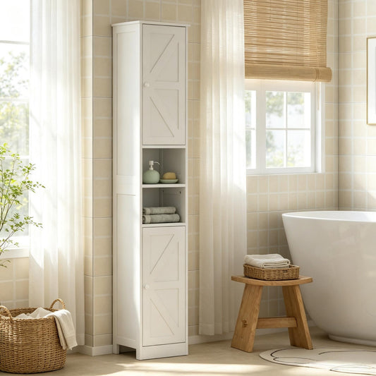Bathroom Organizer with Enclosed & Open Compartments,Tall Bathroom Storage Cabinet,Slim Floor-Standing Bathroom Cabinet