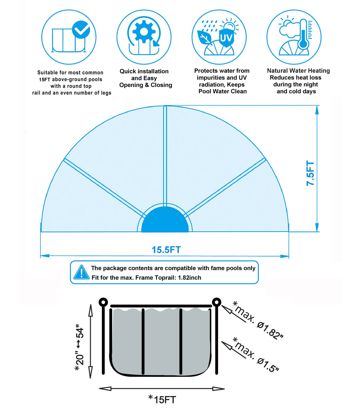 15 FT Round Multifunctional All Weather Cover Pool Dome Enclosure for Outdoor Pools, Compatible Clean & Warm Water, Suitable for 15 foot Round Frame Pools