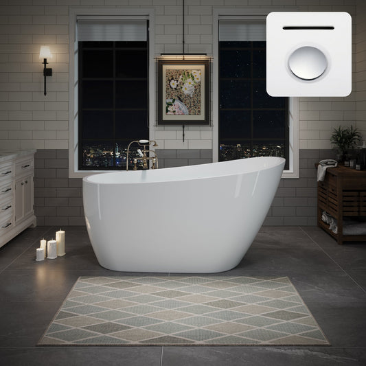 55" Acrylic Freestanding Bathtub, Deep Soaking Contemporary Stand Alone Bath Tub with Pop-up Drain & Integrated Overflow