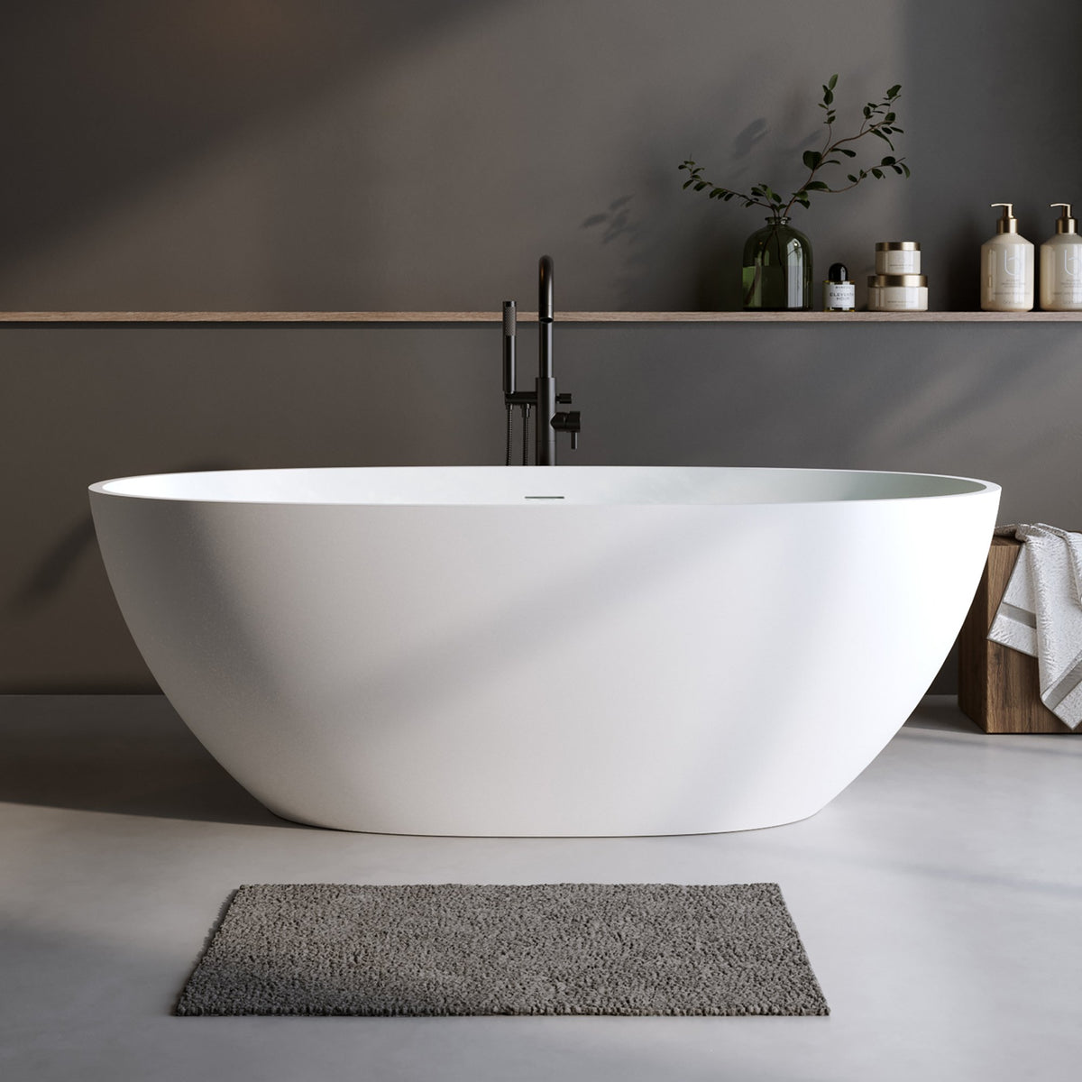 70.8″Solid Surface Matte Tub, Solid Surface Soaking Tub, Stone Resin Freestanding Bathtub, Thick Edge Stand Alone Tubs with Overflow