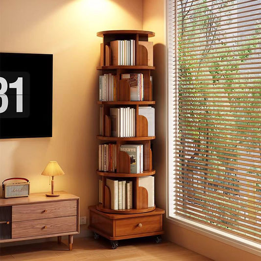 (UPGRADED) Rotating Bookshelf, 360 Display Corner Bookshelf, 6 Tier Bookcase Storage Rack with Wheels, Wood Narrow Organizer, Study Room