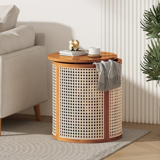 15.70" Round End Table, Hollow Woven Side Table, Small Rubber Wood Nightstand, Rattan Woven Tea Desk, Round Wood Tabletop, Chic Home Decor Desk, Easy Assembly, Ochre Color