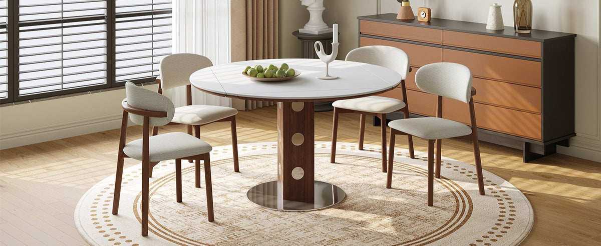 47.2' Extendable Multifunctional Round Dining Table for 4-6, Folding Kitchen Table with Drop Leaf, White Sintered Stone Top & Walnut Wood Column, Space-Saving for Small Apartments, Easy Assembly