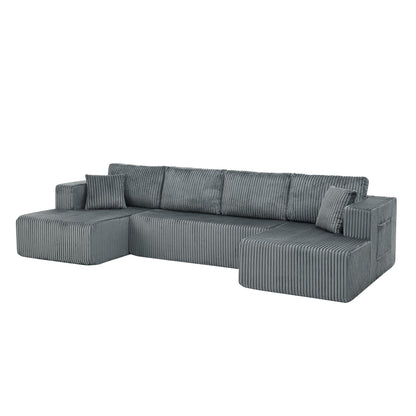 132" U Shaped Modular Sectional Sofa, Comfy Compressed Cloud Couch with Side Pockets, Modern Minimalist Corduroy Memory Foam Sleeper Sofa
