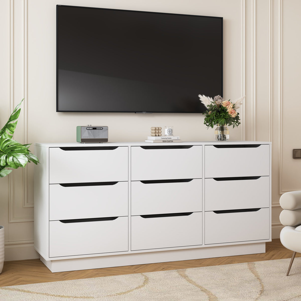 9 Drawer Dresser for Bedroom with Deep Drawers, Large Floor Wood Dressers & Chest of Drawers , Modern White Long Dressers for Closet Living Room