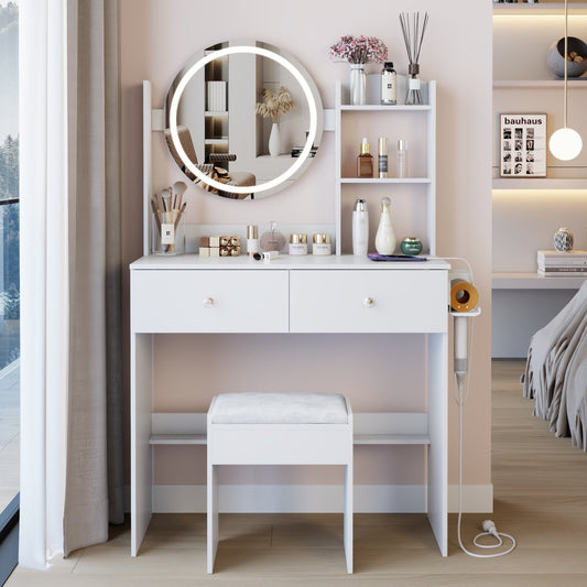17" Round LED Mirror Vanity Table+Cushioned Stool, Equipped With 2 AC+2 USB Power Socket, Big Mirror, Touch Switch, 3 Colors