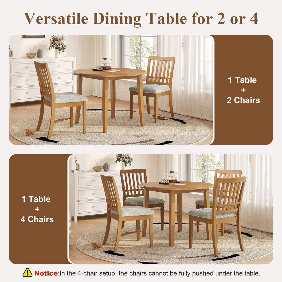 3-Piece Round Dining Table Set for 2 People, 1 Folding Wood Dining Table + 2 Upholstered Chairs – Model N752S000618A