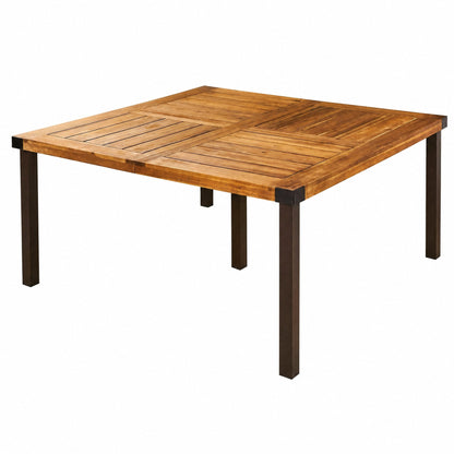 9‑Piece Acacia Wood Outdoor Dining Set, 64" Square Teak Finish Wooden Patio Table with 8 Arm Chairs, Slatted Tabletop & Chair Back, Ideal for Backyard Garden Patio