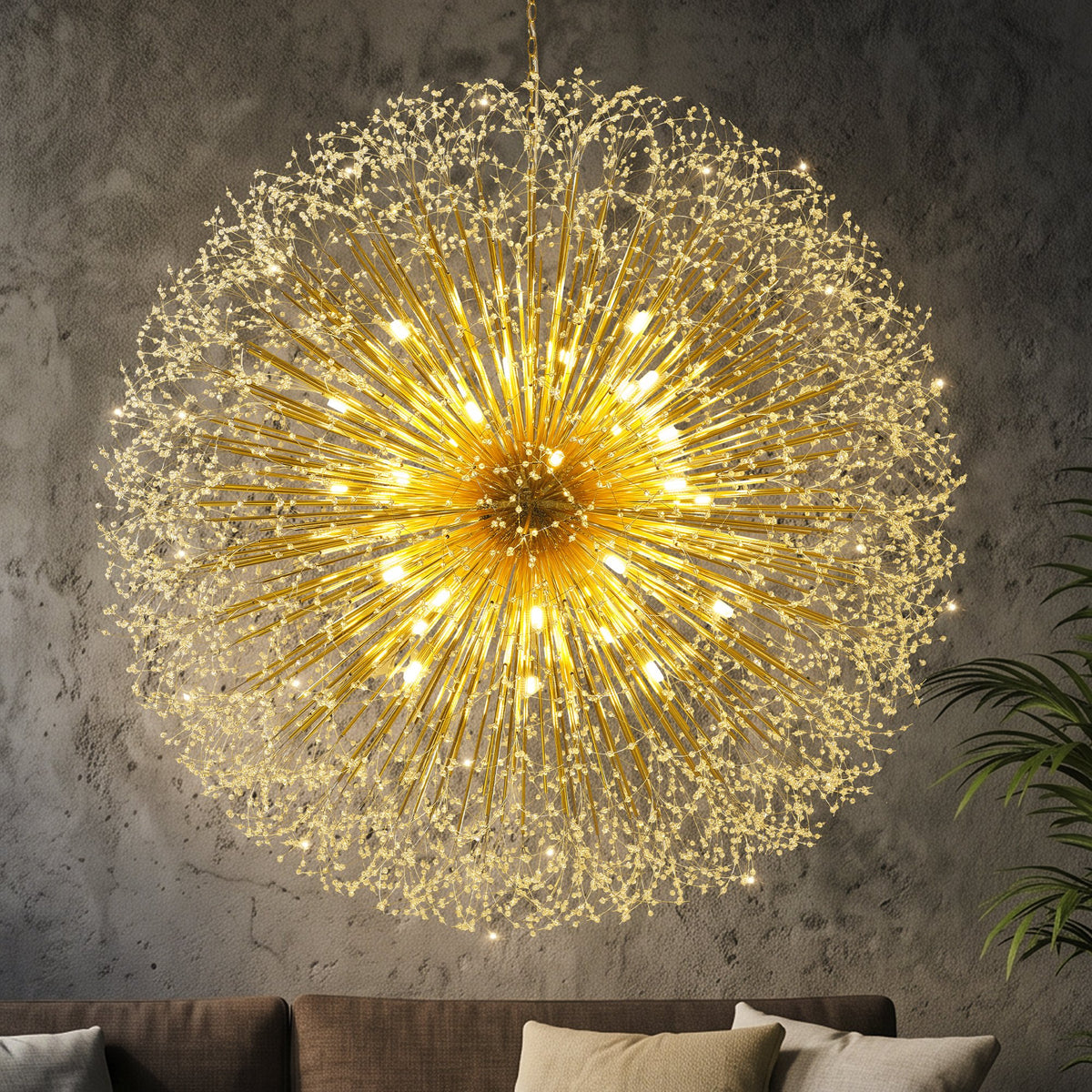 63-Inch Extra Large Dandelion Crystal Chandelier Gold Modern Light Fixture - Grand Firework Sputnik Chandelier for High Ceiling Living Room Foyer - Luxury Hanging Pendant 30 G9 LED Bulbs Included