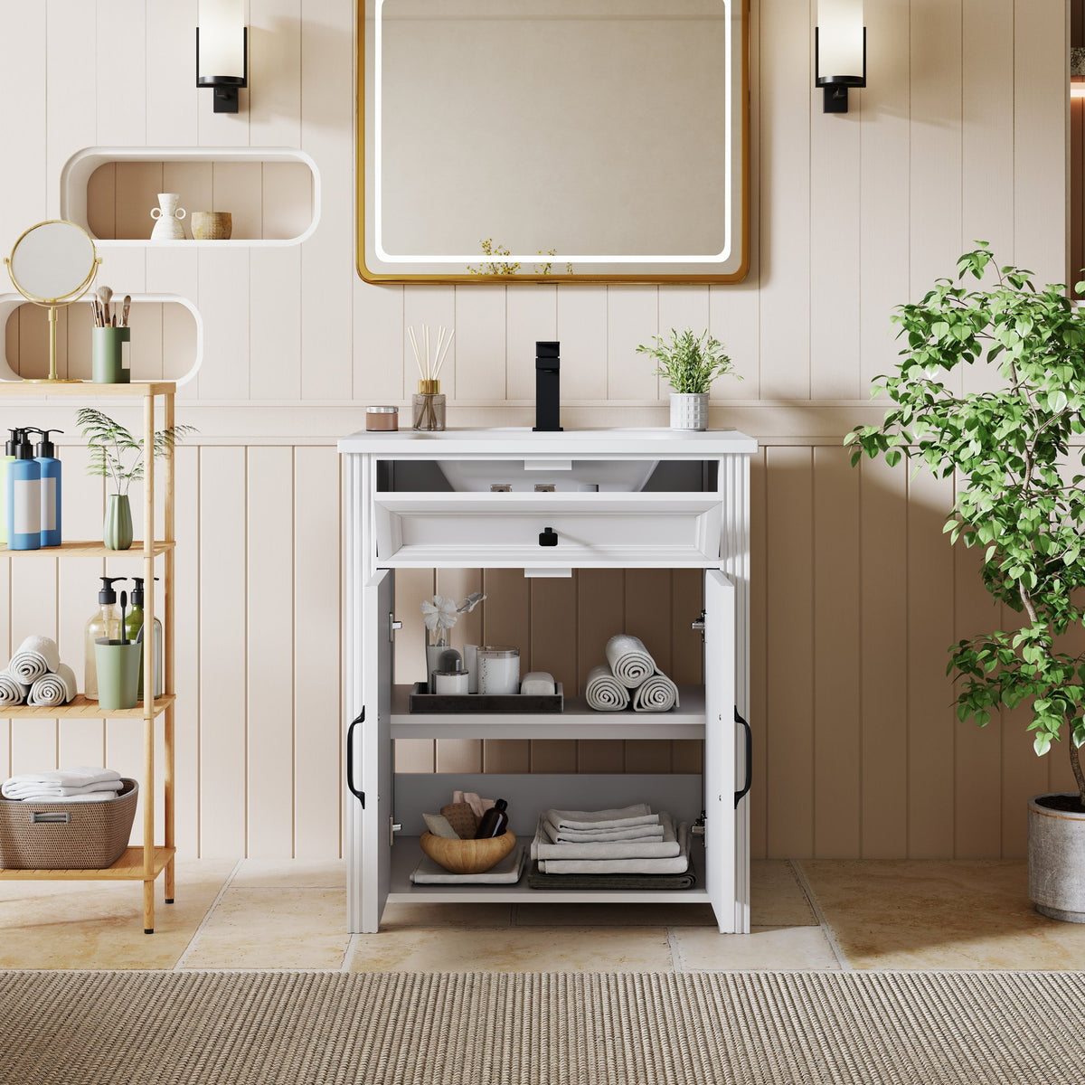 27.8" Modern Bathroom Vanity Set with Reinforced Legs & Painted Surface, Mid-Century Freestanding Bathroom Vanity Sink with Storage, High-end Restroom Vanity Cabinet with Flip-top Drawer&Metal Handles