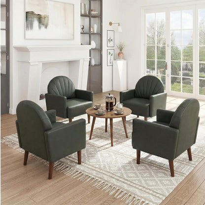 A contemporary shell-shaped armchair with PU leather upholstery and wooden legs, suitable for living rooms, balconies, children's rooms and studies.