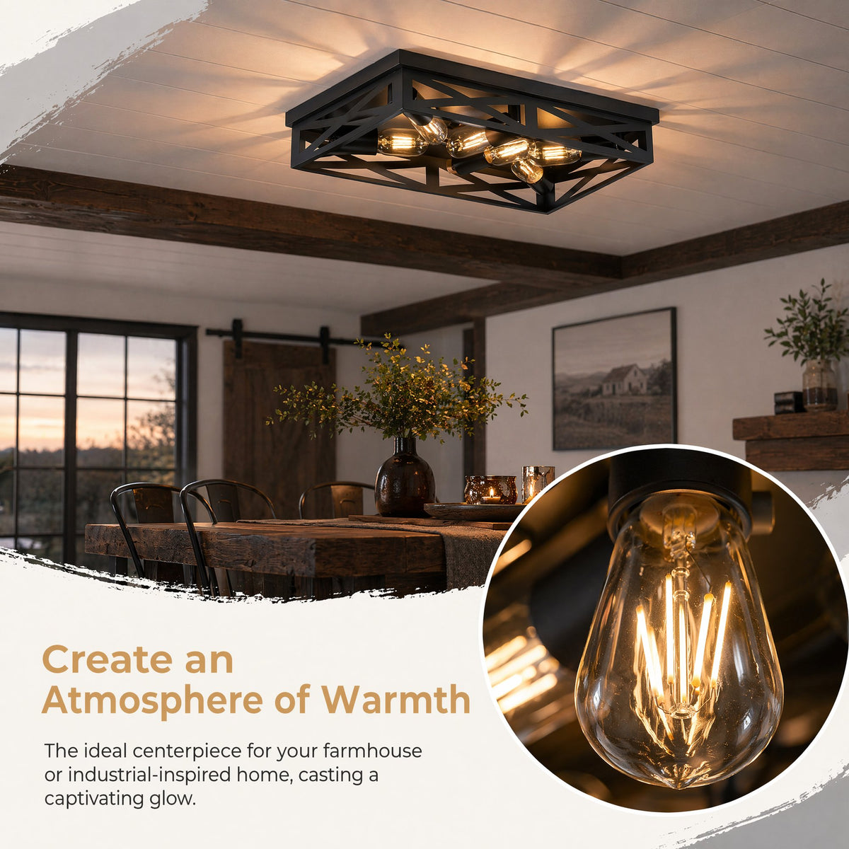 6-Light Matte Black Farmhouse Square Flush Mount Ceiling Light, Vintage Hollow Geometric Iron Cage Ceiling Lamp, Industrial Close to Ceiling Lighting for Dining Room, Bedroom-1 Pack(No light bulb)