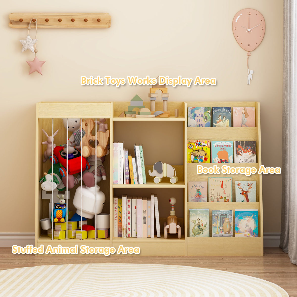 3-in-1 Kids Bookshelf and Toy Storage, 4-Tier Book Shelf for Kids Rooms, Sling Baby Bookcase with Stuffed Animal Storage, Toddler Montessori Bookshelf for Nursery, Playroom, Kindergarten, Natural
