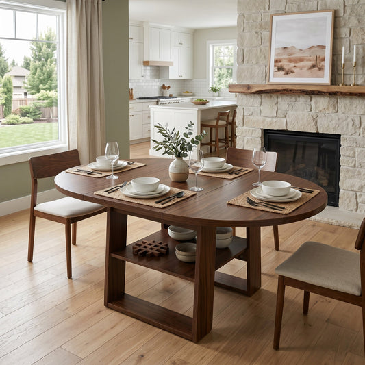 43.3"-59" Extendable Round Dining Table for 4-6, Round-to-Oval Kitchen Table with Built-In Flip-Up Extension Leaf, Stable H-Shaped Base and Storage Shelf, Walnut