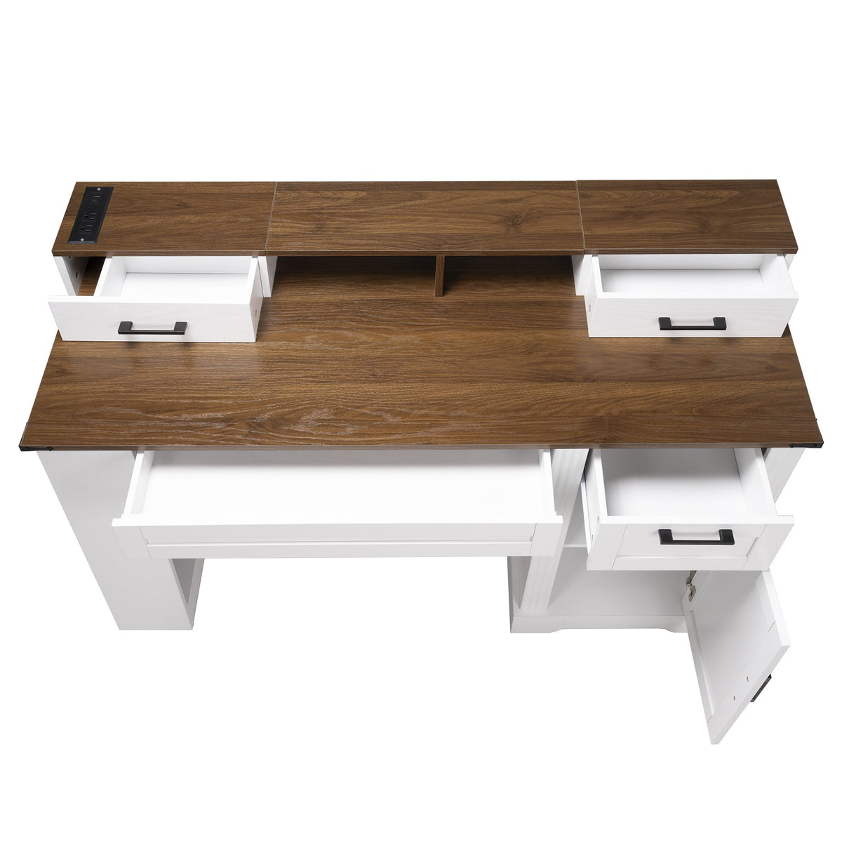 55" Farmhouse Office Desk with Storage Cabinet & Charging Station, Barn Door Design Computer Writing Desk with Keyboard Tray