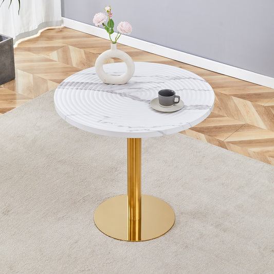 31.5 Inch Elegant White Marble Pattern Round Dining Table - Suction Molding Annular Texture