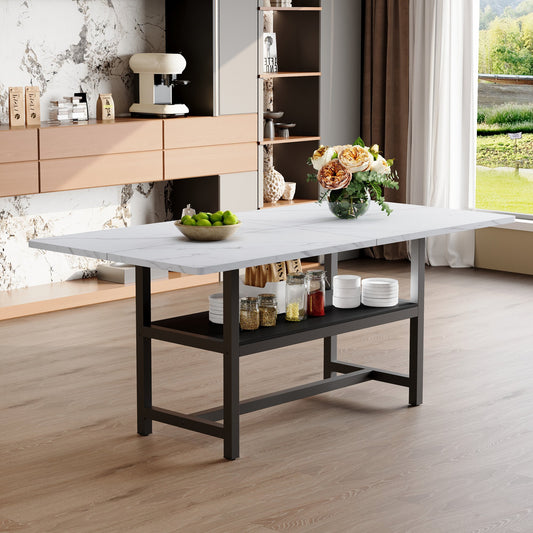 A 71 * 35.4 inch dining table with a tabletop cleverly pieced together by four white textured MDF boards. The desktop has a 43.3 * 19.7