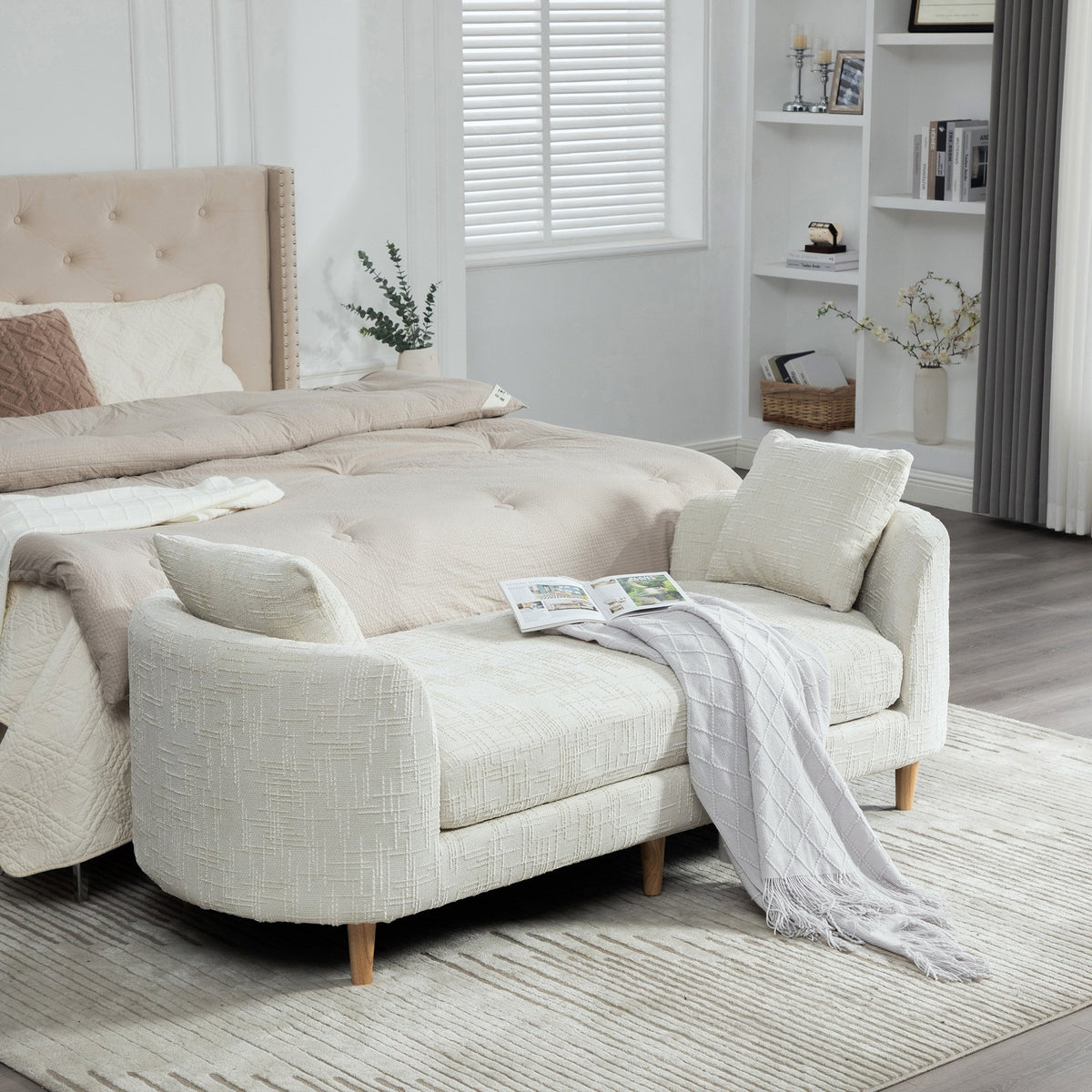 77.17" Wide Modern Upholstered End of Bed Bench with Armrests, Chenille Chaise Lounge Couch with 2 Bolster Pillows, Daybed with Rubberwood Legs For Living Room,Bedroom,Apartment,Guestroom,BEIGE
