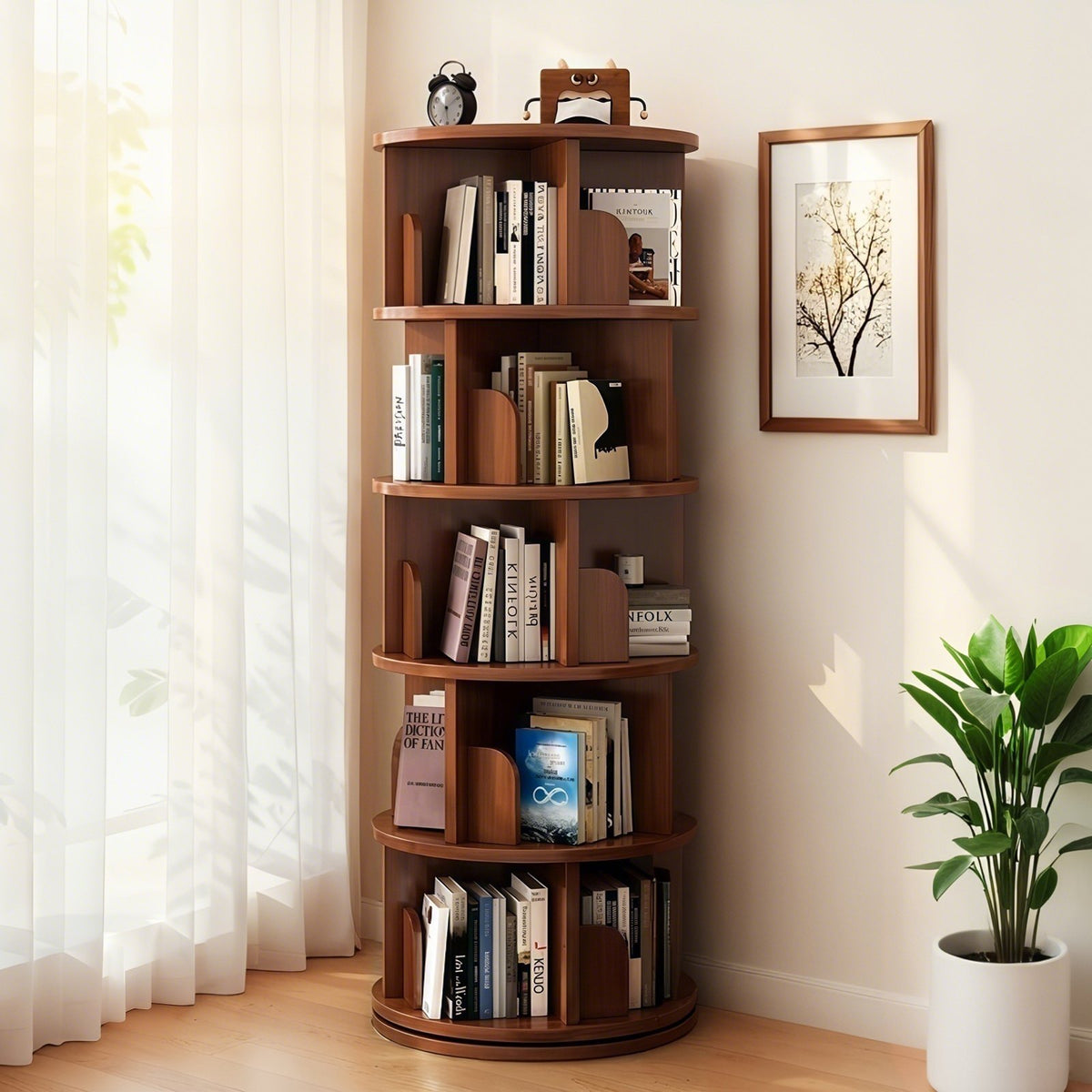 5 Tier Rotating Bookshelf, 360° Display Round Spinning Bookshelf, Space-Saving, Small Space Rotating Bookshelf Tower, Walnut