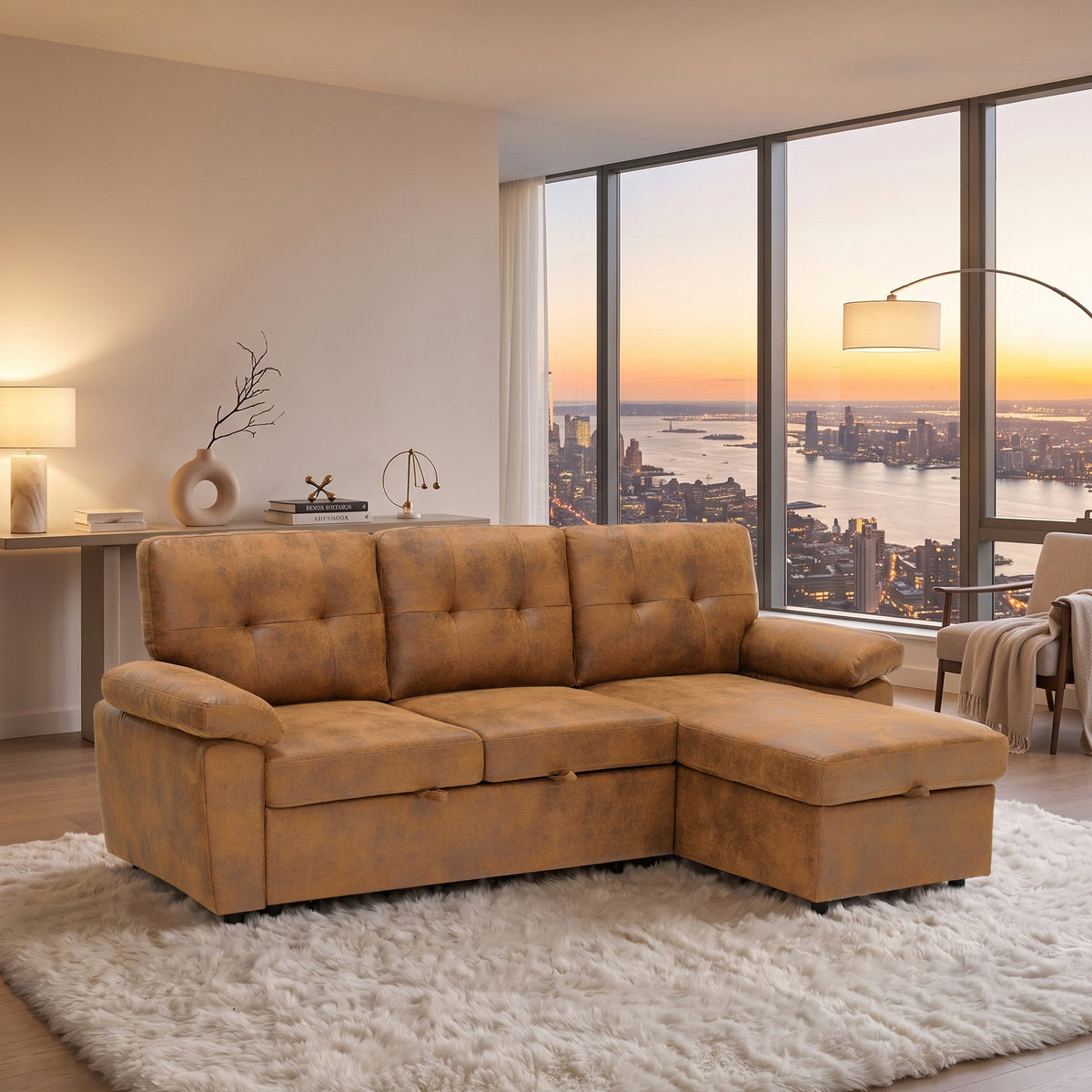 88.5" Convertible L-Shaped Pull-Out Sectional Sofa Bed with Storage Chaise,and Soft and Soft Padded Armrests