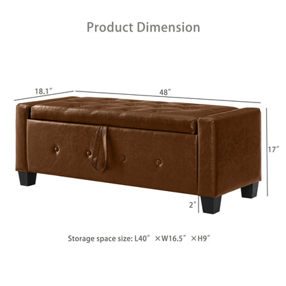 48" Ottoman Bench with Storage, Upholstered Tufted Faux Leather PU Ottoman Brown