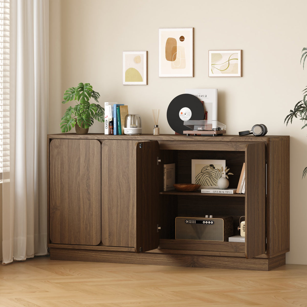 59.1 Inch Walnut 4-Door Sideboard Buffet Cabinet, Particle Board Storage Credenza with Adjustable Shelves, Wide Console Storage Cupboard for Dining Room, Kitchen, Living Room & Entryway