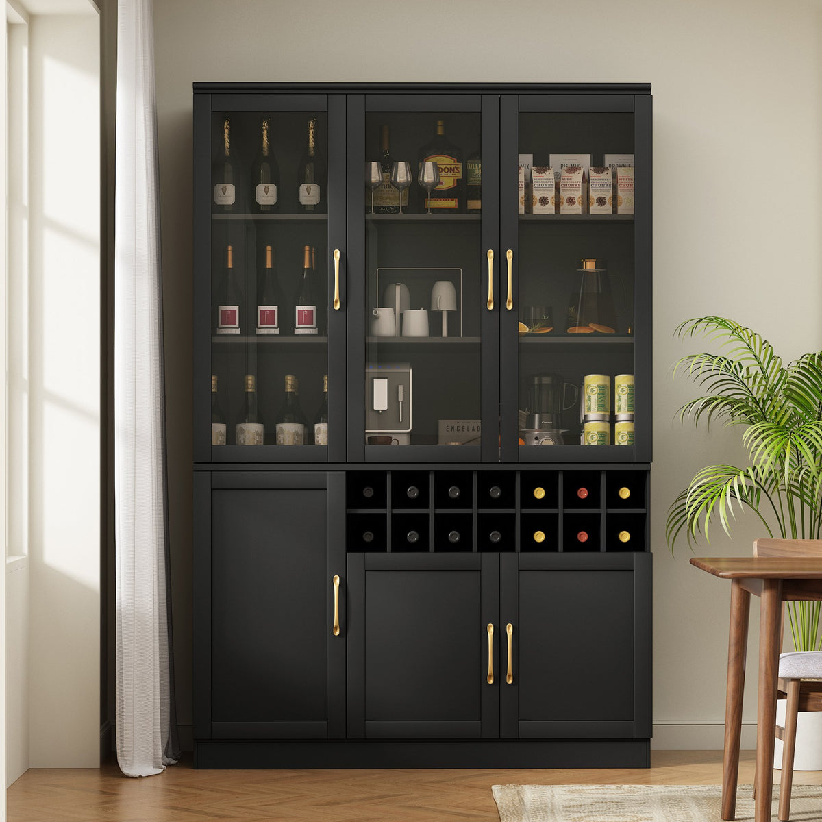 70.87'' Tall Wine Bar Cabinet with Glass Doors, Modern Liquor Cabinet with Removable 14-Bottle Wine Rack & Built-in Door Shelves, High-Capacity Home Bar Cabinet, Black70.87