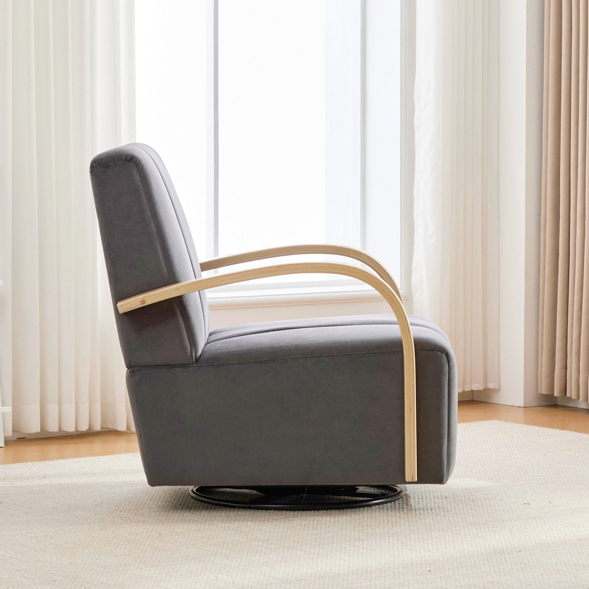 30.7"W Upholstered 360° Swivel Accent Chair with Solid Wood Armrests and Comfy Channel Tufted Lounge Reading Chair, Single Sofa Armchair for Hotel Bedroom Living Room Office and Bedroom. Charcoal