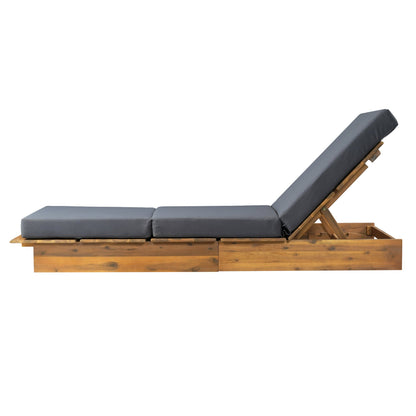 Acacia Wood Chaise Lounge with 4" Thick 3-Fold Dark Gray Movable Cushion – Wide Teak Finish Patio Lounger, 3-Position Recliner, 400 lbs Capacity
