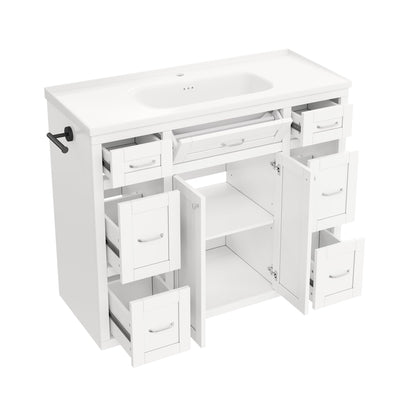 48" White Bathroom Vanity with Ceramic Sink – 6 Drawers (3 Each Side), Center Flip-Out Drawer, Soft-Close Double Doors, Reversible Side Towel Rack, Silver Handles, MDF