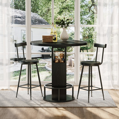 3-Piece Bar Table and Stool Set 31.5-inch round bar table with two stools Compact wooden dining bar with metal ring footrest Ideal, cafes – Black